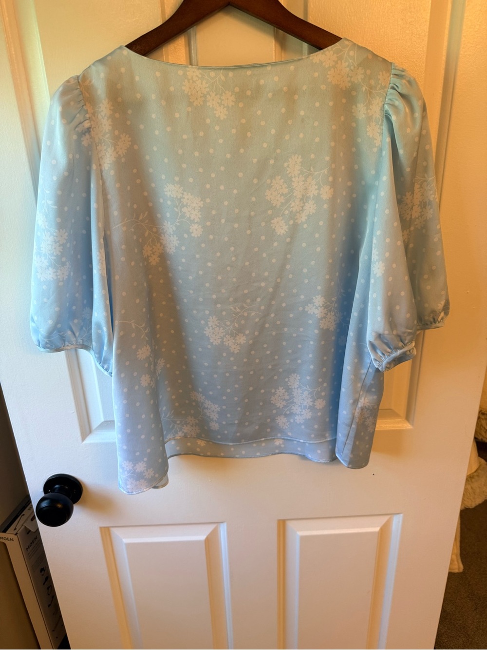 Ann Taylor Light Blue Polka Dot Puff-Sleeve Blouse